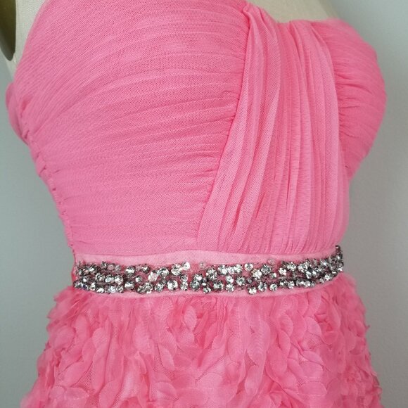 Gorgeous Ruffled Floral Coral Pink Formal Maxi Length Dress with Rhinestone Belt - Picture 9 of 12